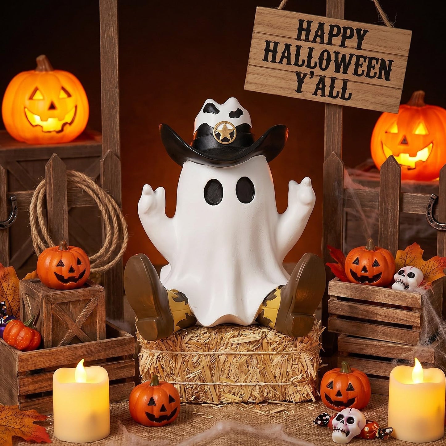 Threehoney Halloween Ghost Figurine Cowboy Spooky Resin Ghost Statue Decoration with Hat and Boots Cute Funny Western Cowboy Figurine for Table Shelf Indoor Decor(Sitting Posture)