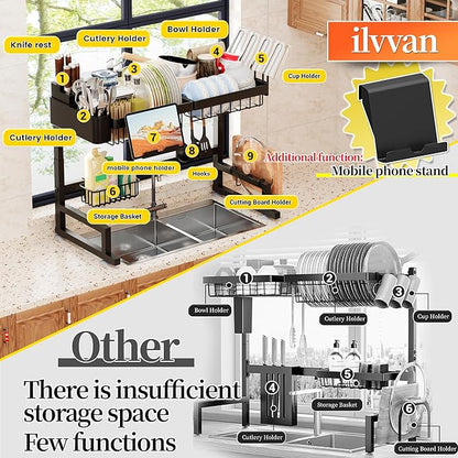 ilvvan Over Sink Dish Drying Rack (Expandable Height/Length) Snap-On Design Large Dish Drainer Storage Counter Organizer 24" - 35.5"(L) x 12"(W) x 19" - 22"(H)