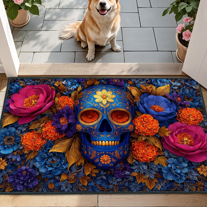 Floral Sugar Skull 2x3 Entryway Rug, Day of the Dead Mexican Small Accent Rug, Washable Low-Pile Welcome Mat for Front Door, Gothic Blue Skull Area Rug for Bedroom, Office, Halloween Home Decor
