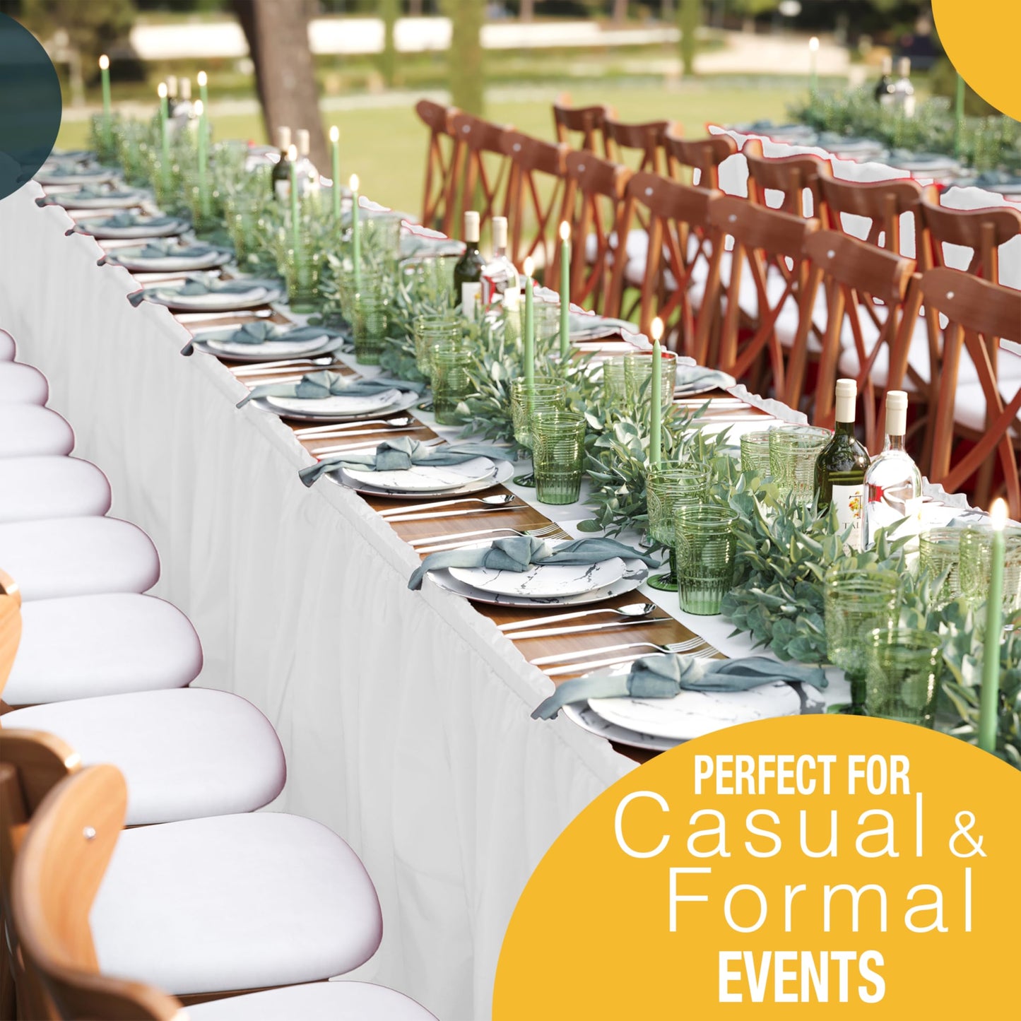 Exquisite White Table Skirt 6 Pack - Disposable Plastic Table Skirts for Rectangle Tables 6ft 8ft & Round Tables - 29in x 14ft Self-Adhesive Strip - Birthday Wedding Gender Reveal Decor