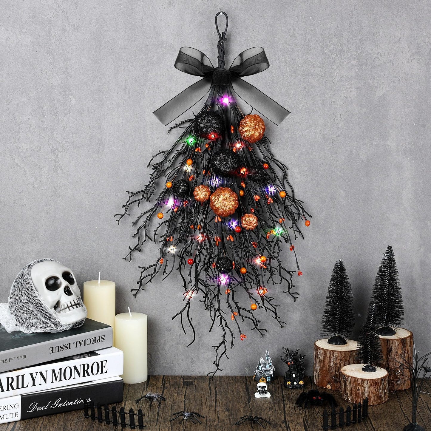 2 PCS Halloween Wreaths Halloween Floral Teardrop Swags Hanging Swag Plants Black Garland with Pumpkin Berries and 9.8ft Lights for Indoor Outdoor Party Wall Home Room Fireplace Porch Window Decor
