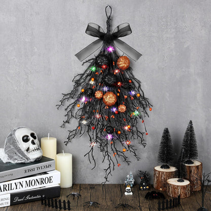 2 PCS Halloween Wreaths Halloween Floral Teardrop Swags Hanging Swag Plants Black Garland with Pumpkin Berries and 9.8ft Lights for Indoor Outdoor Party Wall Home Room Fireplace Porch Window Decor