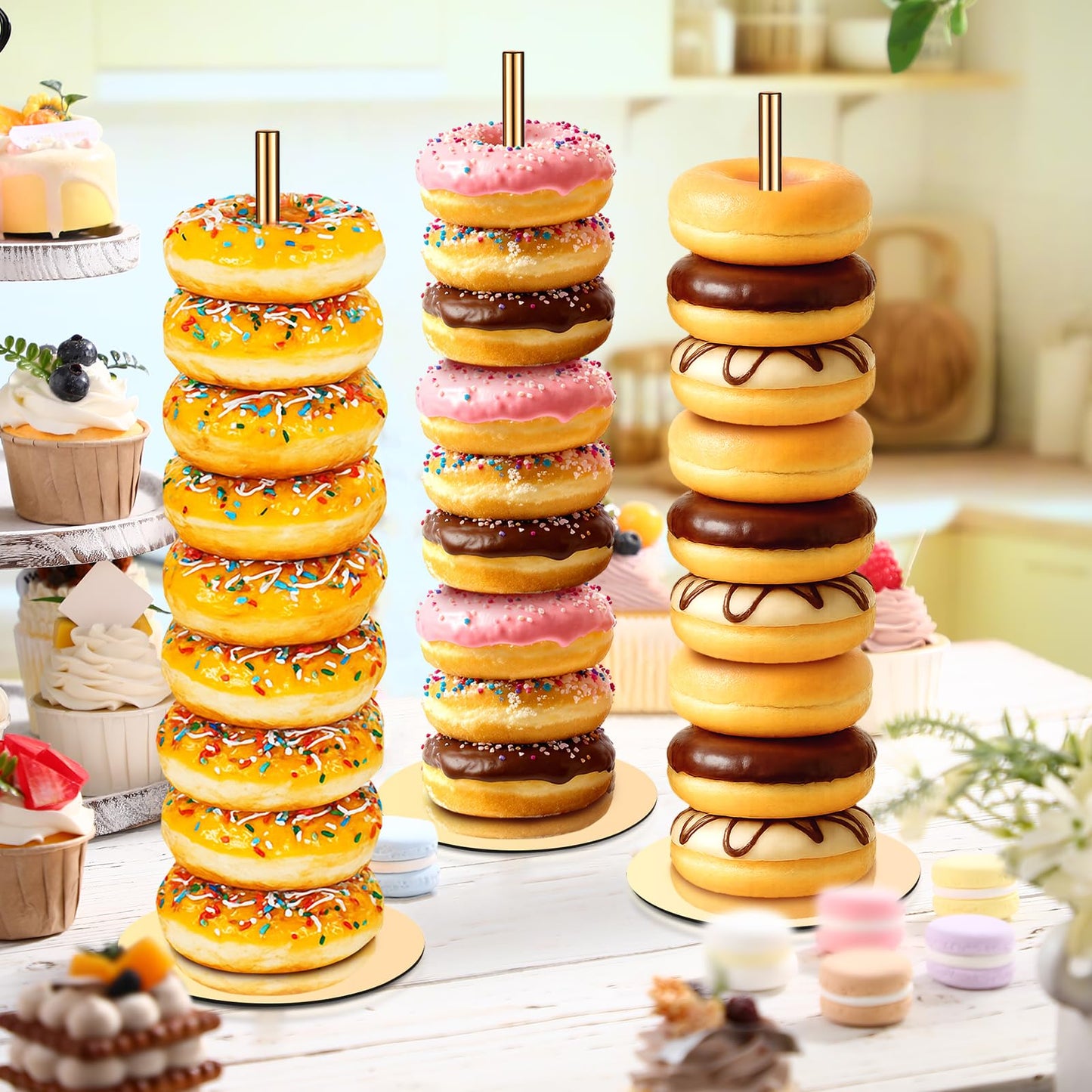 Otoolling 2 Pcs Metal Donut Display Stand Tower Bagel Holder Cake Stand Dessert Table Doughnut Holder Display Tower for Birthday Wedding Party and Donut Themed Party Decorations (Gold)