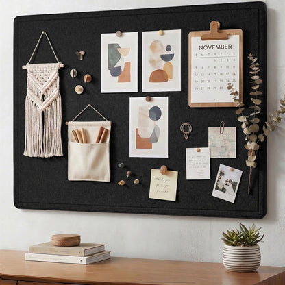 AKTOP Bulletin Board, 24" x 16" Foldable Felt Notice Pin Board for Wall, Decorative CorkBoard Photo Display Board with Self-Adhesive Tape, Vision Board Cork Board Alternative with 25 Pushpins - Black