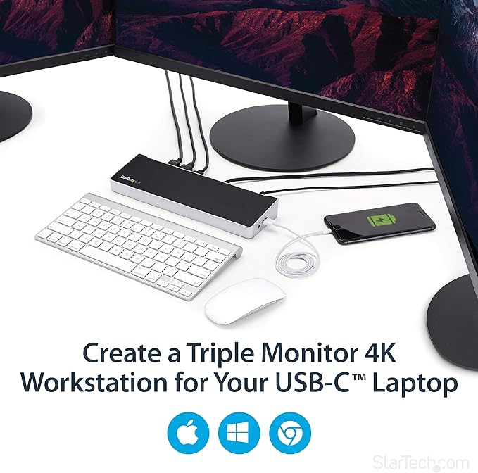 StarTech.com USB-C Triple Monitor Docking Station for MacBook Pro / Air M1 M2 M3 M4 & Windows, Universal 4K HDMI DP Dock, Thunderbolt Compatible, 60W Laptop Charging - TAA