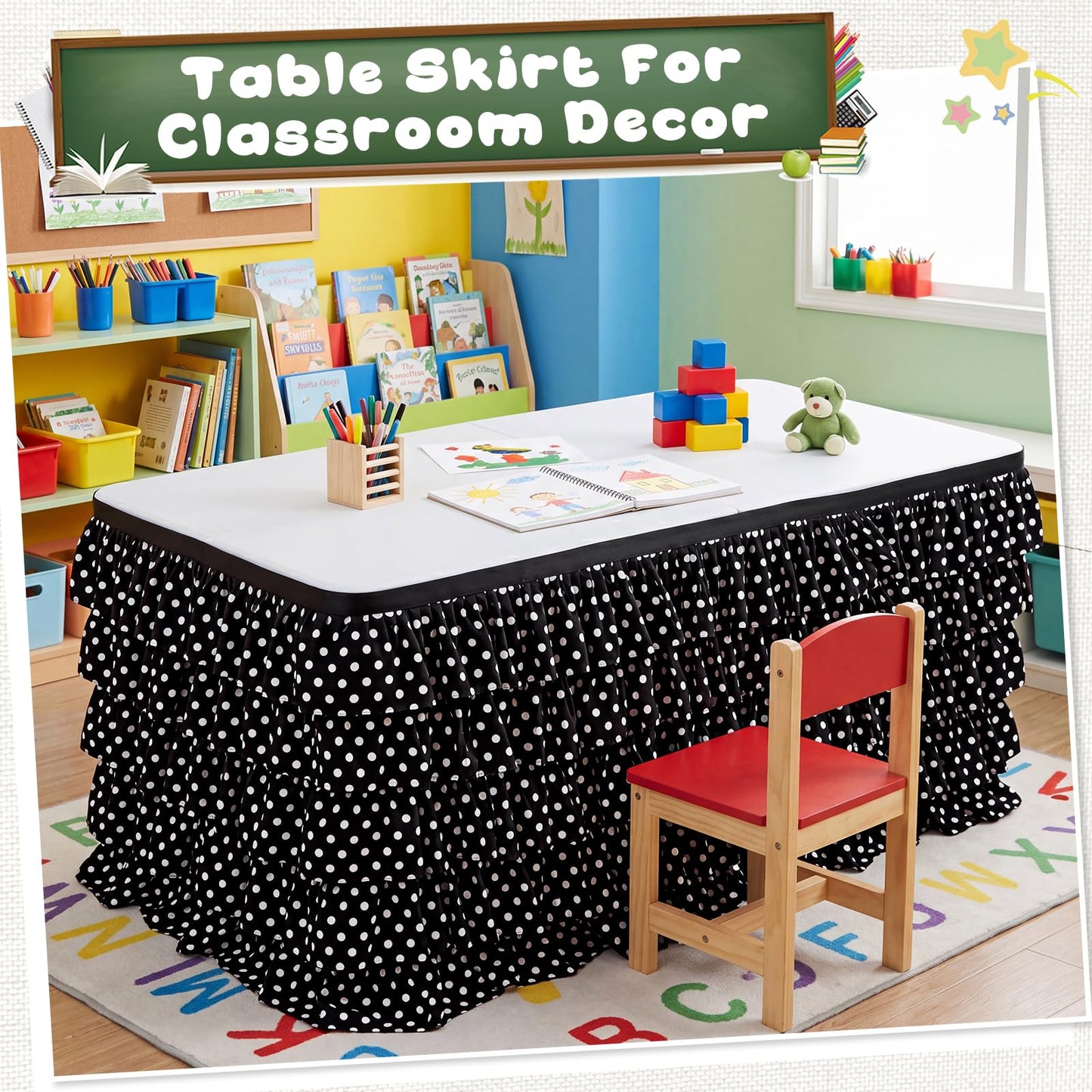Panelee 6ft Black and White Polka Dot Table Skirt, Tutu Ruffled Teacher Desk Skirt, Back to School Table Cover for Kindergarten Preschool Middle School Classroom Office Bookcase Cabinet Decor