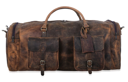 KomalC 28 inch Duffel Bag Travel Sports Overnight Weekend Leather Duffle Bag for Gym Sports Cabin Holdall bag (Distressed Brown)