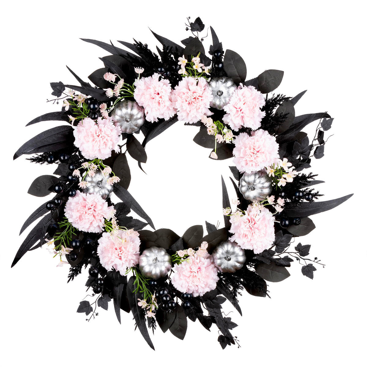 National Tree Company Artificial Pretty Morbid Pink Carnation Halloween Wreath, Black, Silver Pumpkins, 26inch