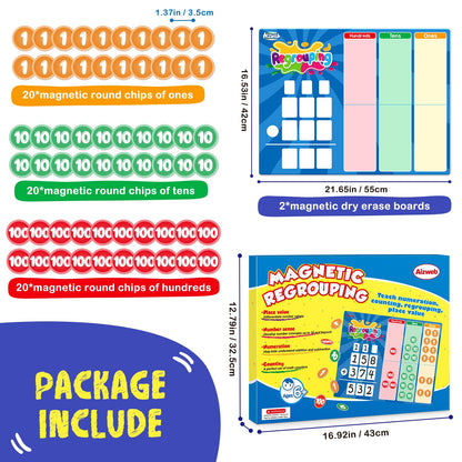 Aizweb Magnetic Regrouping Base Ten Place Value Chart,Addition and Subtraction Math Manipulatives,Dry Erase Board for 1st 2nd 3rd Grade Classroom Must Haves,Hands On Regrouping Math Games for Kids