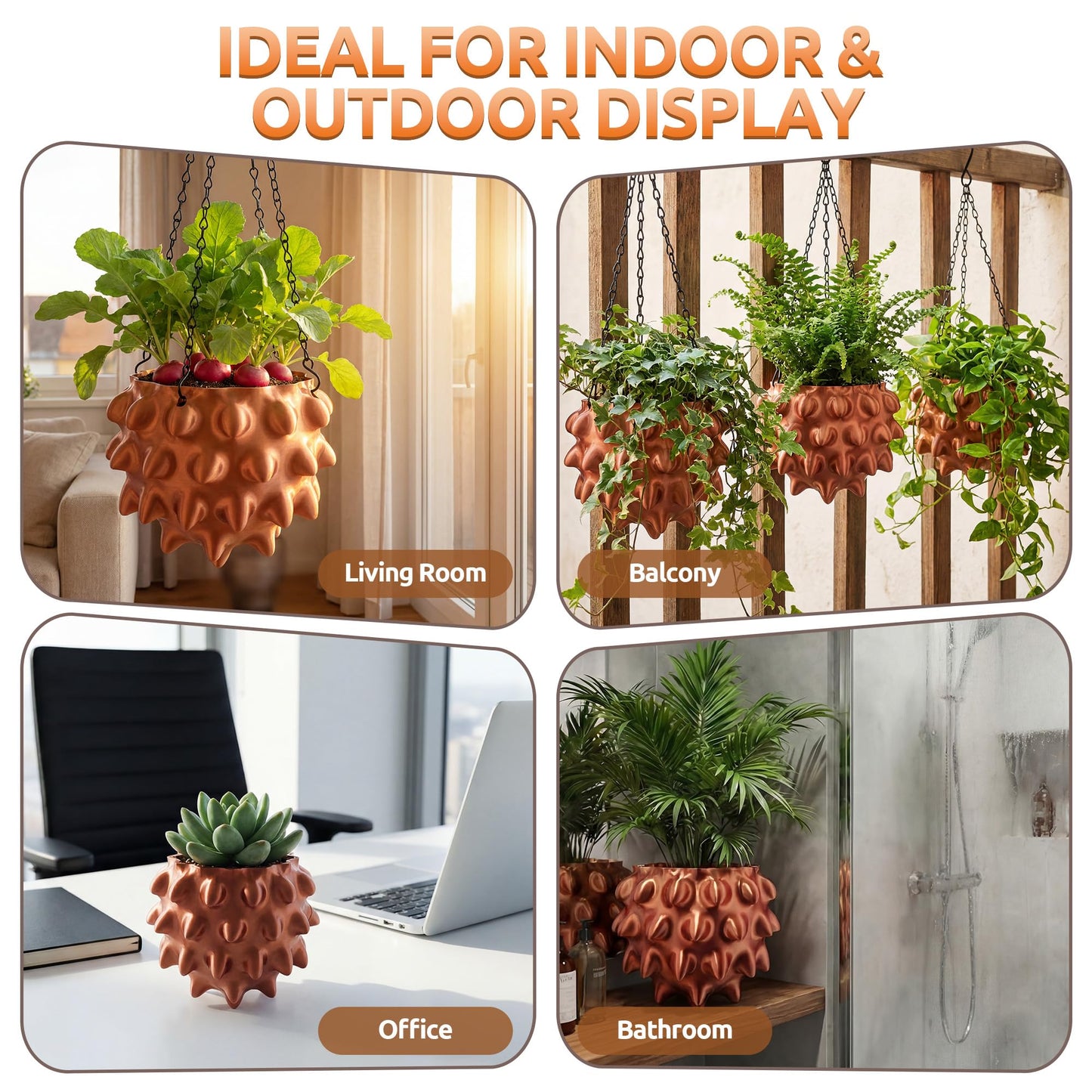 Enhon 6 Inch Hanging Planters for Indoor Plants, Unique Hanging Pots for Plants with Drainage and Hanger Baskets Hangers, Spiked Orb Plant Hanger, Silky Copper Finish