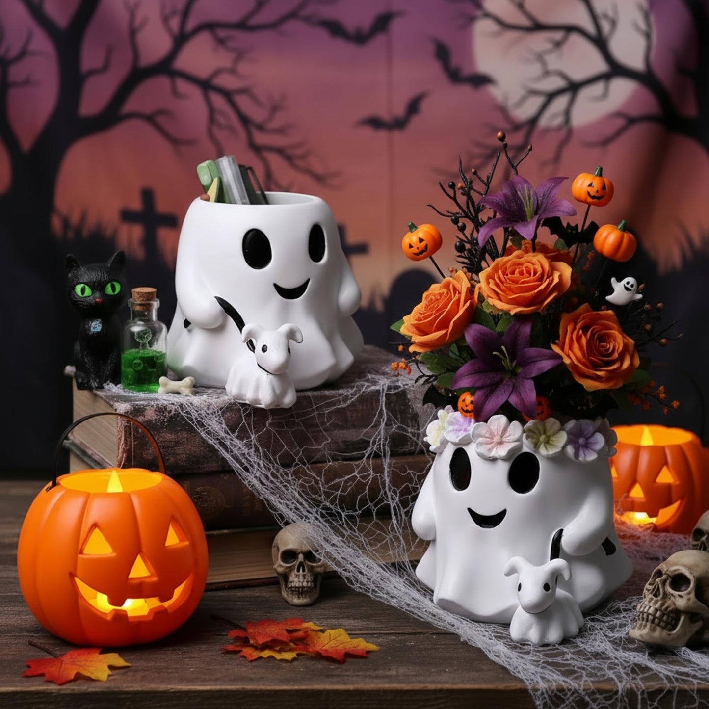 Chunful 2 Pcs Ghost Bucket Decor Halloween Couple Ghost Table Decoration Halloween Candy Bowl Planter Vase Centerpieces for Home Office Shelf