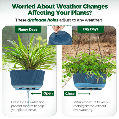 T4U 10 Inch Hanging Planters for Indoor Outdoor Plants, Hanging Baskets for Plants Pack of 2, Self Watering Hanging Pots with Drainage Hole for Garden Home Decor, Blue