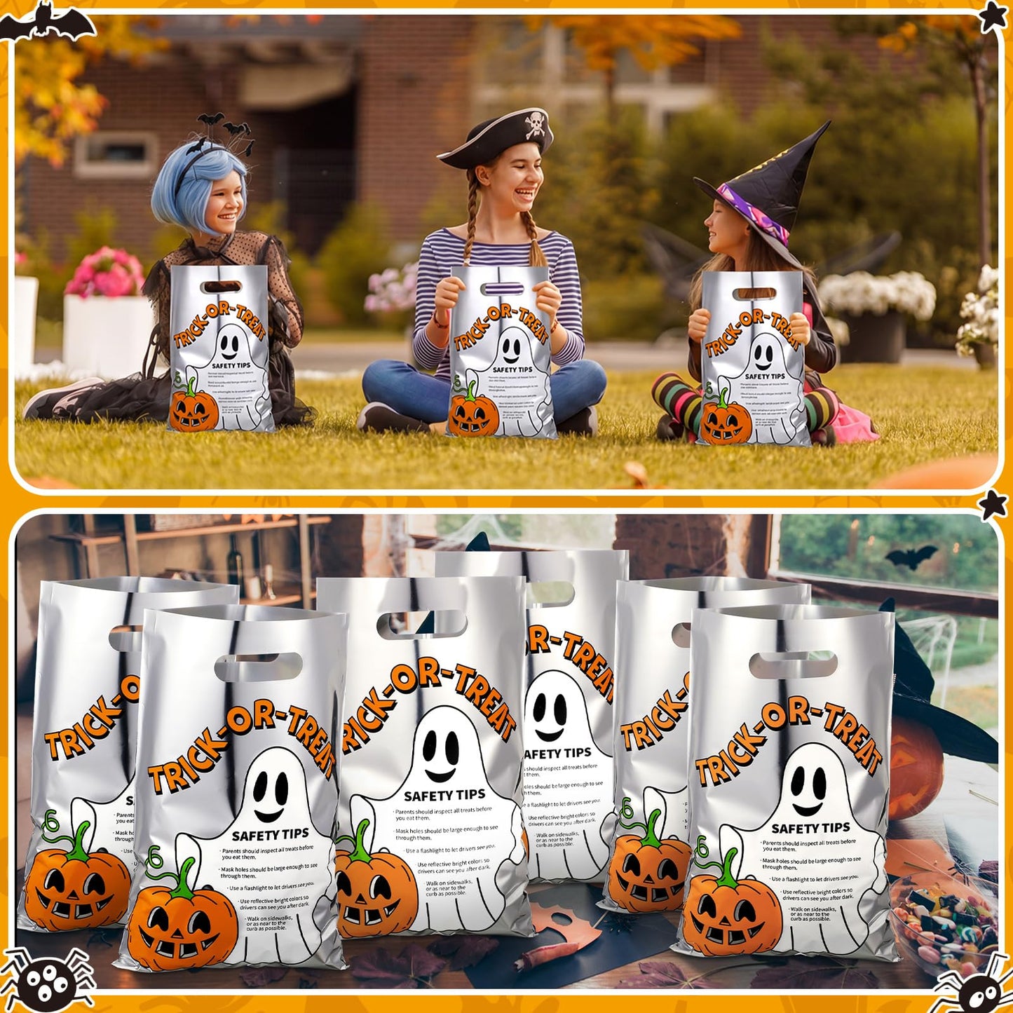 Hosuly 100 Pcs Trick or Treat Reflective Goodie Bags Bulk Halloween Plastic Gift Bags Safety Tips with Handles for Halloween Trick or Treat Themed Party Favors