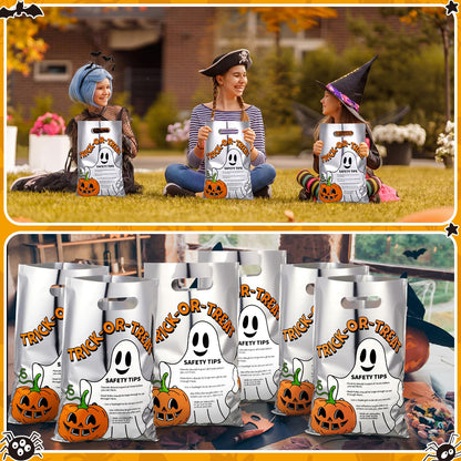 Hosuly 100 Pcs Trick or Treat Reflective Goodie Bags Bulk Halloween Plastic Gift Bags Safety Tips with Handles for Halloween Trick or Treat Themed Party Favors