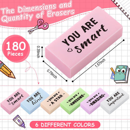 Resurhang 180 Pcs Erasers Bulk for Kids Inspirational Pencil Erasers Bulk for Drawing Motivational Big Eraser School Supplies for Classrooms Back to School Office (Motivational,Macaron)