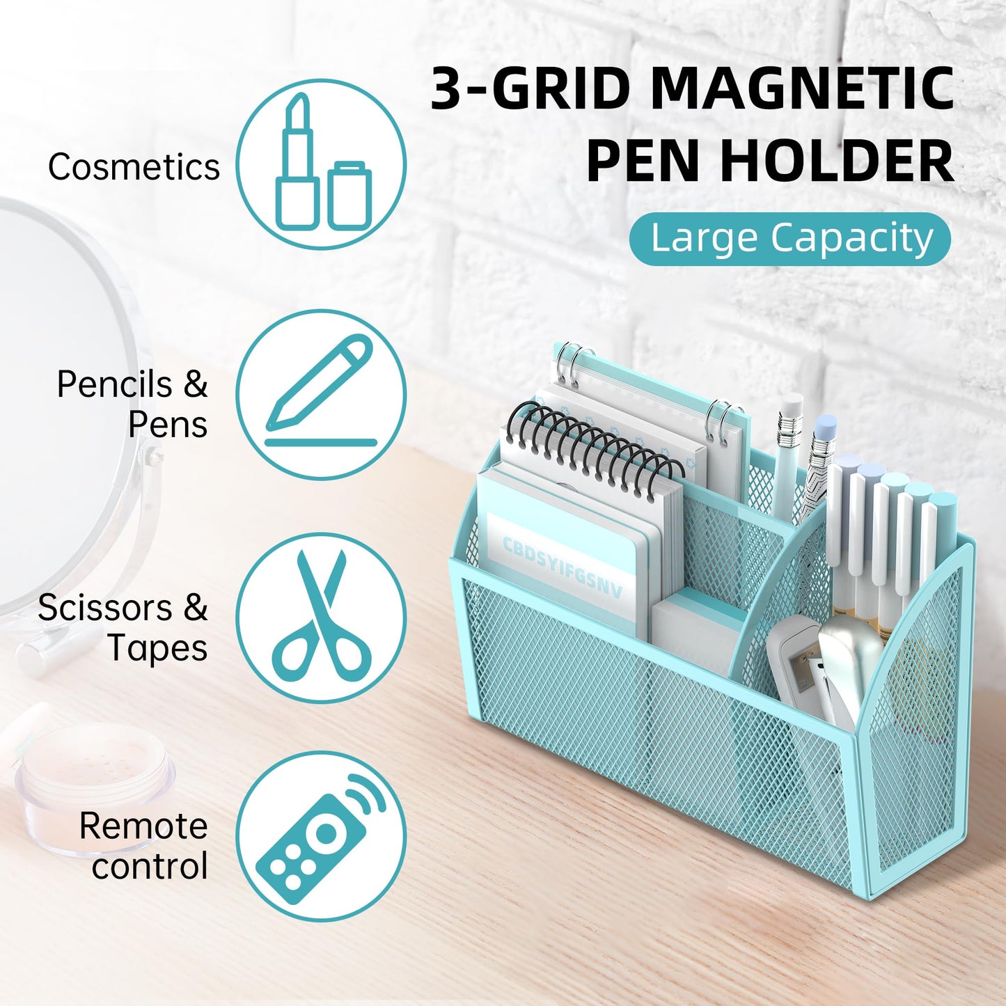 DALTACK Magnetic Pencil Holder - 3-Grid Mesh Shelf for Whiteboard, Refrigerator & Locker - Organizer for Home, School & Office, Blue
