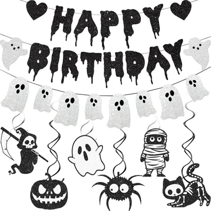 Black Glitter Halloween Birthday Banner White Ghost Garland Halloween Birthdays Party Decorations for Spooky Birthday Decorations Supplies