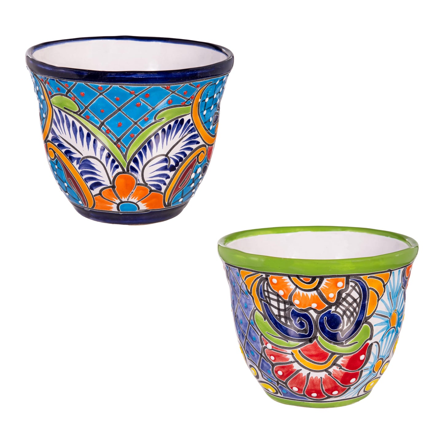 Evergreen 7 inch Talavera Mexican Pottery Ceramic Green Detailed Baul, Set of 2, Flower Pot Plant Succulent, Indoor Outdoor