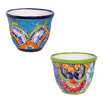 Evergreen 7 inch Talavera Mexican Pottery Ceramic Green Detailed Baul, Set of 2, Flower Pot Plant Succulent, Indoor Outdoor