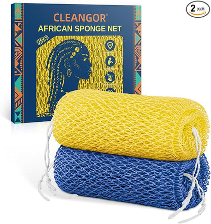 Cleangor 2Pcs African Net Sponge Authentic with Knots - Exfoliating Body | Scrubber for All Skin Types, African Bath Sponge, Wash Cloth, Gentle Exfoliation Shower Rag for Women Daily Use