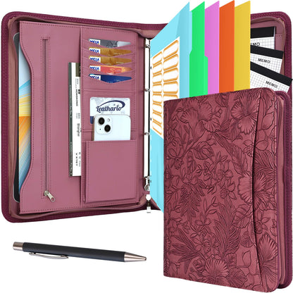 Leathario Portfolio Binder, Includes 5 Folder Index Dividers and 3 Notepads, 3-Ring Folder Organizer, Padfolio with Zipper, Vegan Leather Tablet Sleeve, Business Office Conference Clipboards