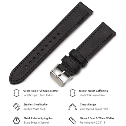 Benchmark Quick Release Leather Watch Band - Premium Italian Full Grain Leather Watch Straps for Men & Women (22mm, Black)