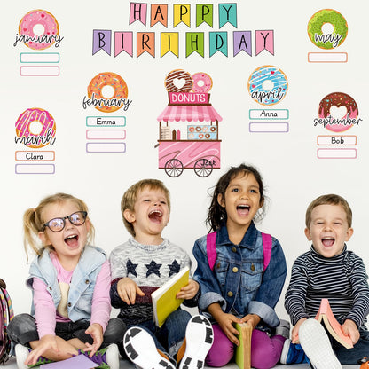 JarThenaAMCS 62 Pcs Donut Cut-Outs with Glue Points Happy Birthday Cutouts Sweet Donut Time Paper Cutting for Party Supplies Classroom Back to School Bedroom Bulletin Board Decor