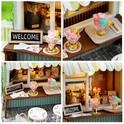 Miniature House Kit, CUTEROOM Tiny House Kit Wooden Dollhouse Kit Mini House Making Kit with Dust Cover, DIY Dollhouse Kit Birthday Gift (Dessert Time)
