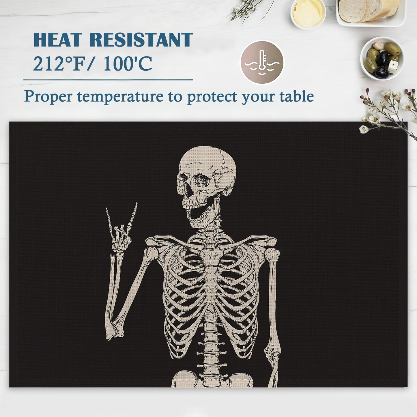 Placemats-Funny Skull Skeleton Linen Table Place Mats Set of 4 Non-Slip Heat Resistant Table Mats for Dining Kitchen Cabin Decor 12x18 Inch