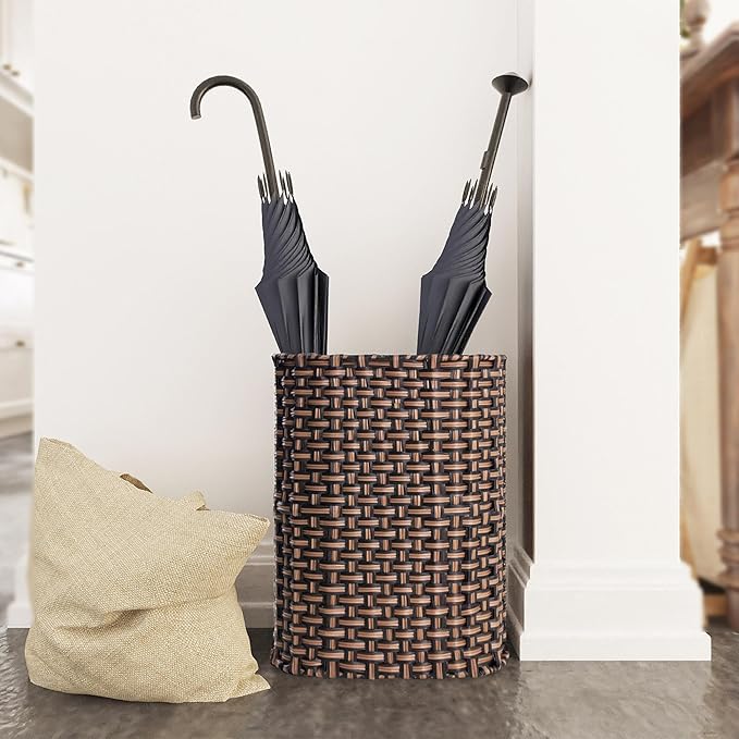 PEMAR Wicker Umbrella Holder Indoor Outdoor, Decorative Hand Woven Umbrella Stand Rack for Home, Entryway Rustic Farmhouse Multipurpose Narrow Tall Basket (Brown)