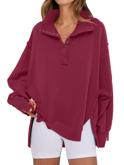 ANRABESS Women's Sweatshirts Oversized Casual Loose Button Up Henley Pullover Top High Low Split 2025 Fall Fashion Outfits