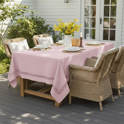 JIALE Pink Rectangle Linen Polyester Tablecloth with Decorative Cutouts, Waterproof Table Cloth Wrinkle Free Light Pink Valentines Farmhouse Dining Table Cover for Outdoor Party Camping, 55 x 70 inch