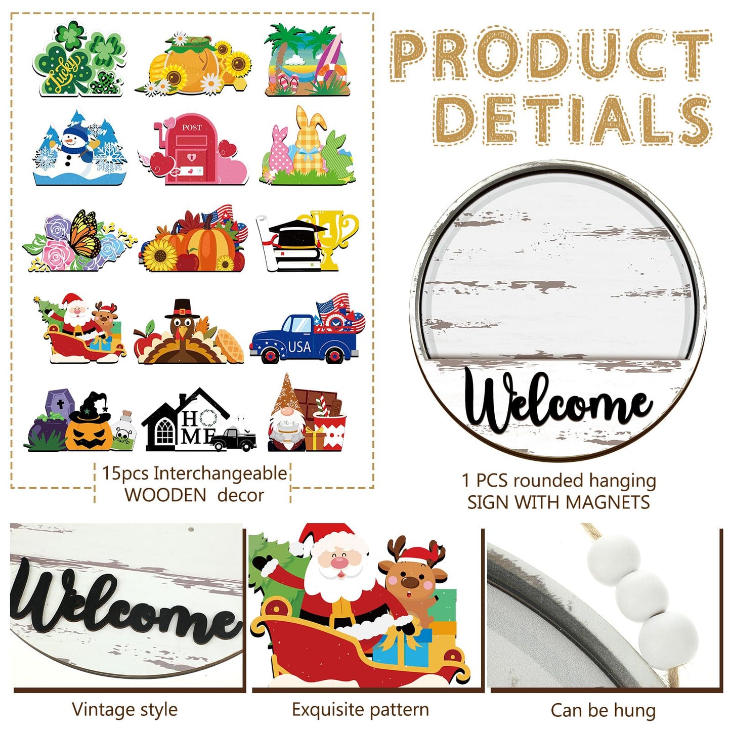 Sintuff 16 Pcs 12 Inch Interchangeable Welcome Sign for Front Door Wood Seasonal Magnetic Icon Holiday Wreath Decor Rustic Hanging Sign for Patriotic Summer Home Warming Gift(Black Word, White Back)