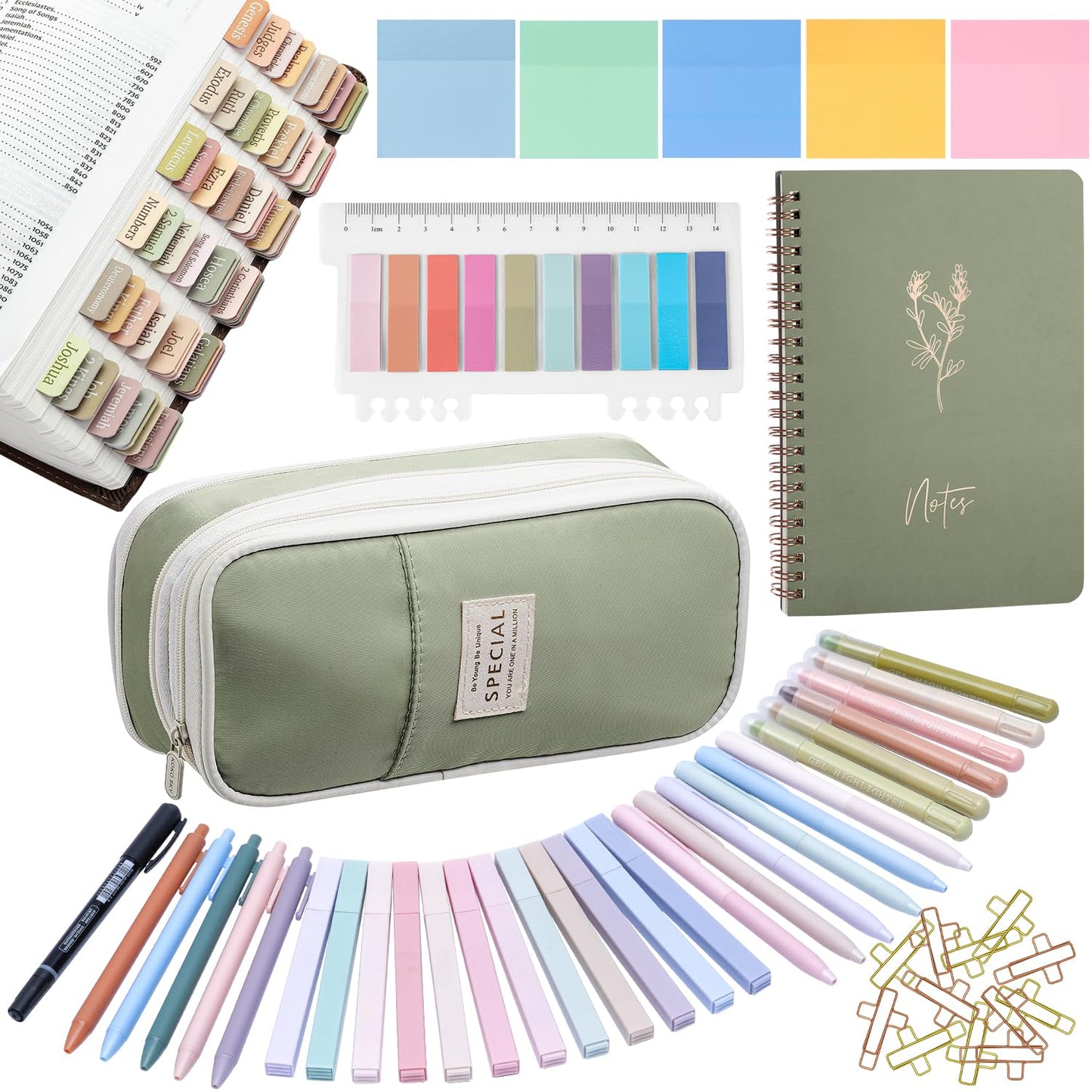 KOPKOFT Bible Study Supplies, Bible Journaling Kit for Women with Journal, Pen Case, Tabs, Highlighters and Pens, Bible Accessories Set for Women Students Beginner, Christian Gifts (Green)