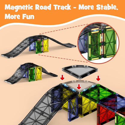 MEIQ Magnetic Downhill Racer Set 40-Piece with Car & Tracks, STEM Magnetic Tiles Building Toys for Kids Ages 3-8, Montessori Learning Toys with Reinforced Slopes & Loop Pieces