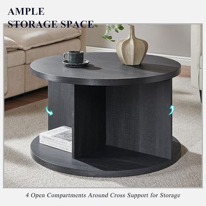 JXQTLINGMU Round Coffee Table for Living Room, 32" Modern Center Table with Cross Support Structure & Open Storage Cubby, Wood Circle Cocktail Table for Small Space, Apartment, Black