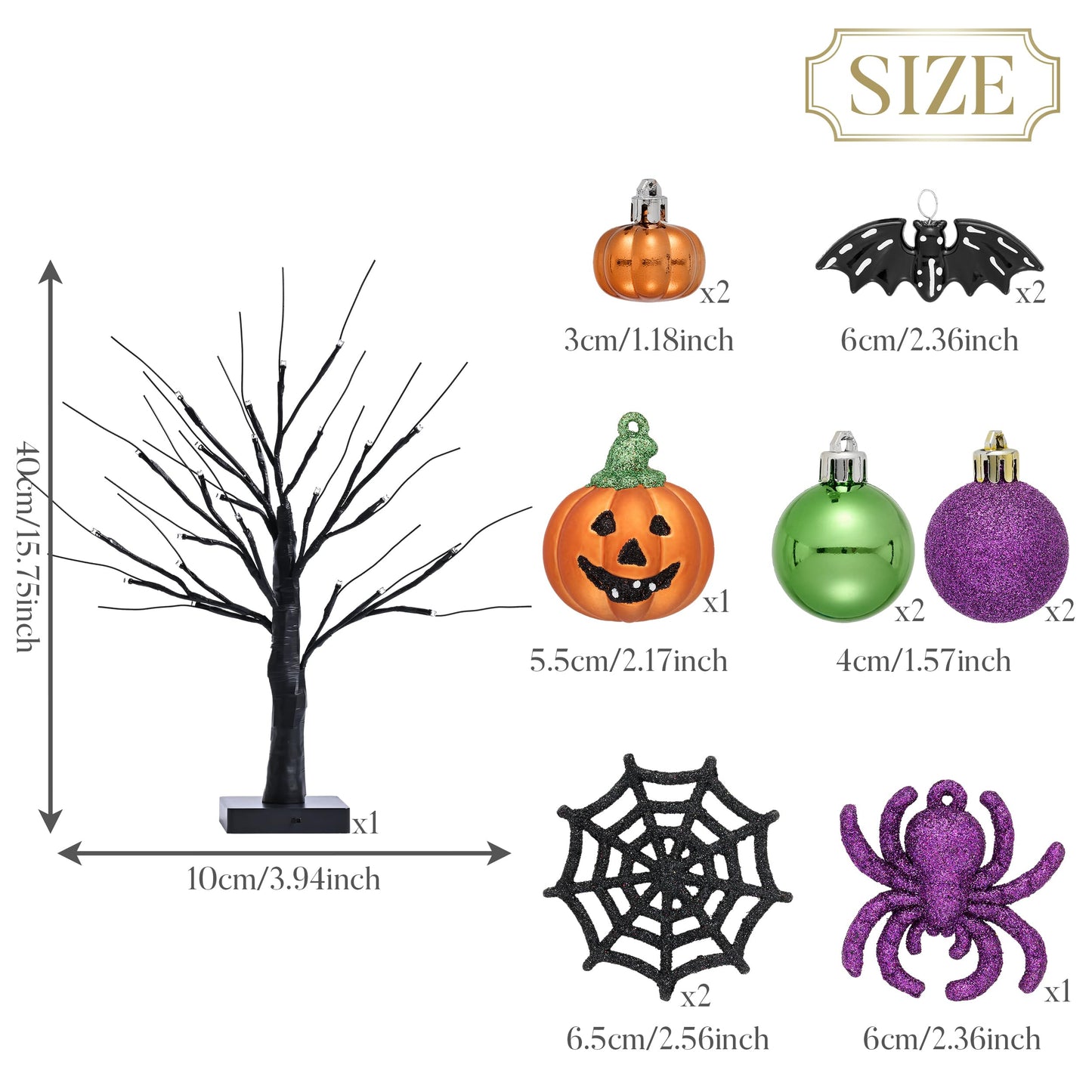 Valery Madelyn 16Inch Halloween Black Tree with 12ct Shatterproof Ornaments, Halloween Tabletop with Hanging Tree Decorations Ball Pumpkins Spider Bat Jack O Lantern(24 Orange LEDs)