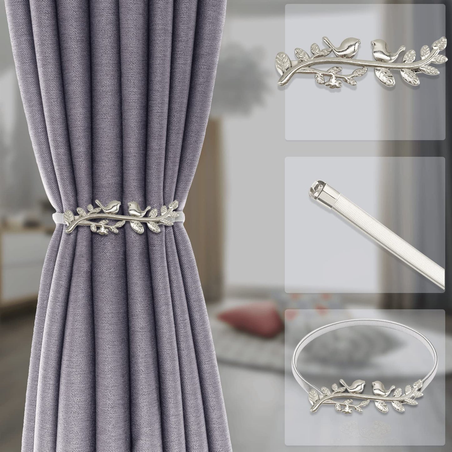 4Pack Curtain Tiebacks Aluminum Alloy Spring Design Curtain Holdback Leaf Carving Design Curtain Ties for Drapes Curtain Ties Backs Curtain Modern Style Curtain Holdback Decor (Silver Bird)