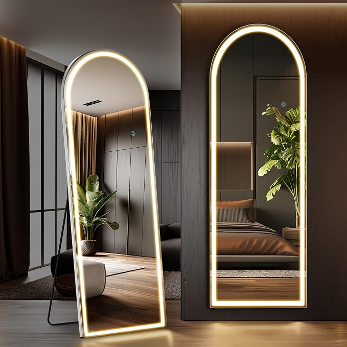 OLIXIS 16"x 60" Arched LED Full Length Mirror with Lights, Standing Lighted Floor Full Body Mirror with 3 Color Lighting, Wall Mounted Mirrors for Bedroom, Home, Entryway with Tempered Glass