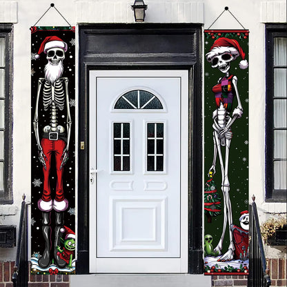 Saoplasa 2PCS Christmas Skeleton Porch Banner Decorations 71 x 12 Inch Holiday Skeleton Couple Front Door Hanging Sign Santa Hat Red Green Outfit Outdoor Wall Decor for Winter Party Yard Entrance