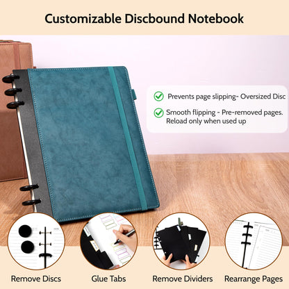 Yoment Refillable Notebooks for Work 5 Subject with Removable Dividers Tabs 240 Pages Hardcover Leather Journals for Writing Large Discbound Planner Colleged Ruled Paper for Women Men 8.58 x 11,Blue
