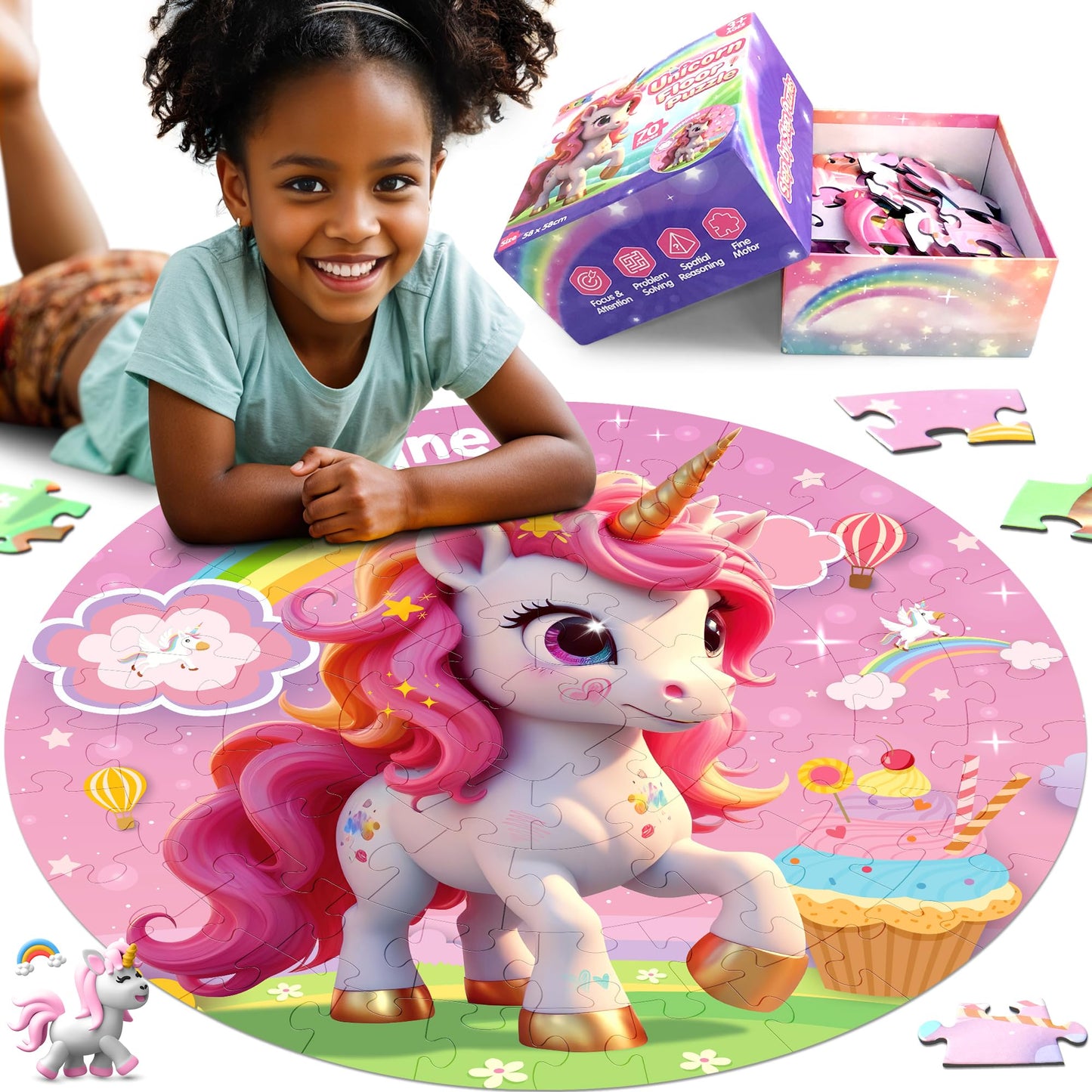 ZIZZ Unicorn Toy for Girls Kids - Best 70 Pieces Unicorn Floor Puzzle for Kids Age 3 4 5 6 7 8 Years Old Girls Learning & Educational Toys Toddlers Gifts for Birthday Easter Basket Stuffers Activity