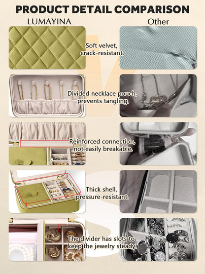 Lumayina Velvet Travel Jewelry Box with Large Mirror, Double-Layer Jewelry Organizer Case for Women and Girls, Portable Storage Case with 6 Anti-Tarnish Bags Gift Ready for Her (Avocado Green)
