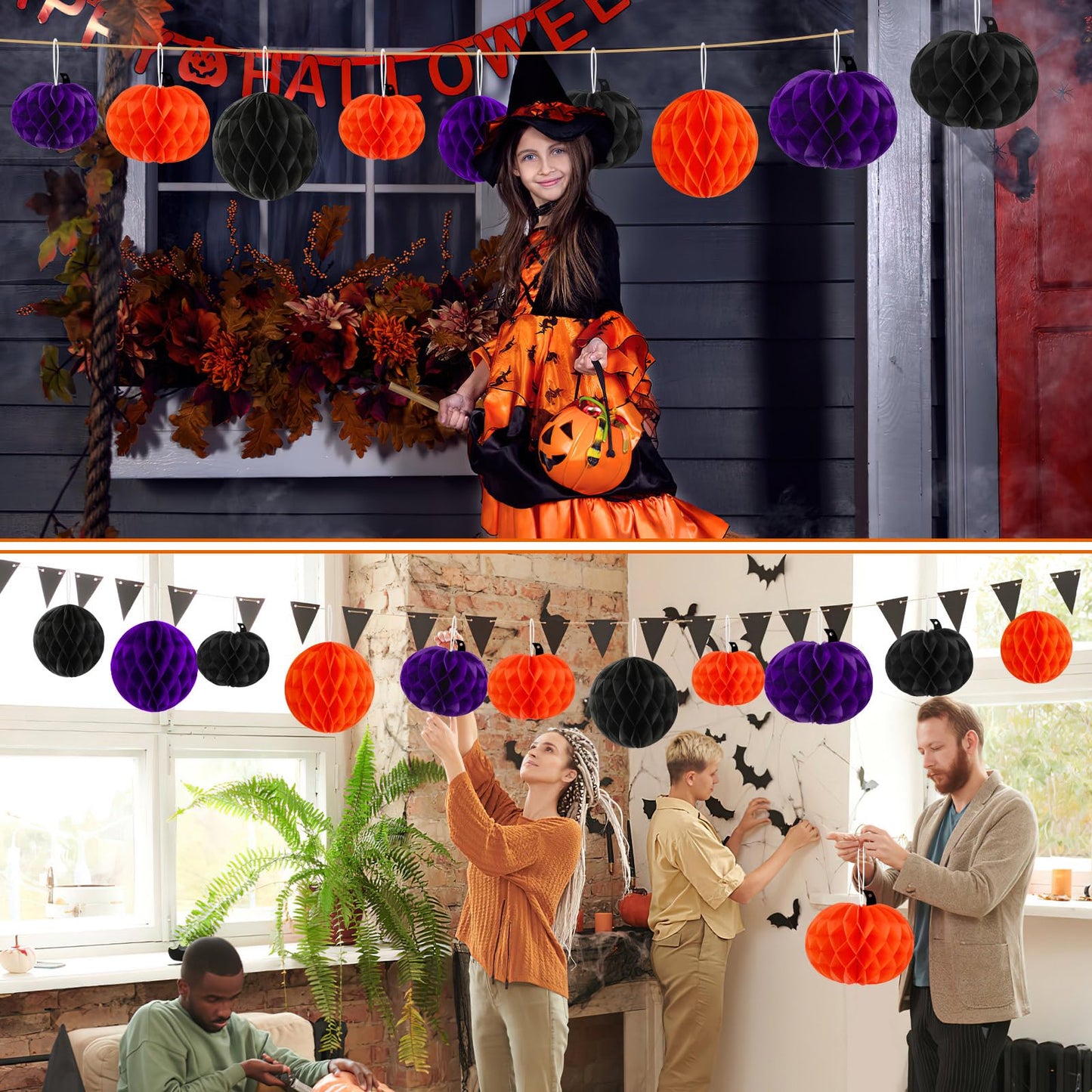 BOARDFEB 15Pcs Halloween Honeycomb Decorations, Orange Purple Black Pumpkin Paper Honeycomb Balls Halloween Hanging Ornaments for Party Favor Supplies