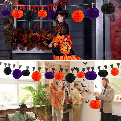 BOARDFEB 15Pcs Halloween Honeycomb Decorations, Orange Purple Black Pumpkin Paper Honeycomb Balls Halloween Hanging Ornaments for Party Favor Supplies