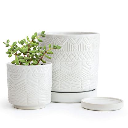 D'vine Dev Set of 2 Modern Matte White Floral Embossed Ceramic Planter Pot with Saucer and Drainage Hole, 4 Inch & 6 Inch, 99-C-1-M