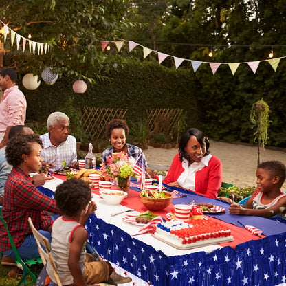 AnyDesign 3Pcs Independence Day Table Skirts 2.5 x 14.1 Ft 4th of July Plastic Table Skirts Patriotic Decorations American Star Stripe Disposable Skirting for 250th Anniversary Veterans Party Supplies