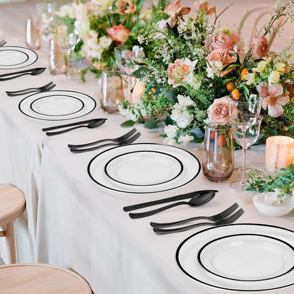 BESTSTAR 200PCS Black and Clear Plastic Plate, Black Disposable Plate Set with 100 Dinner Halloween Plates and 100 Dessert Plates for Party