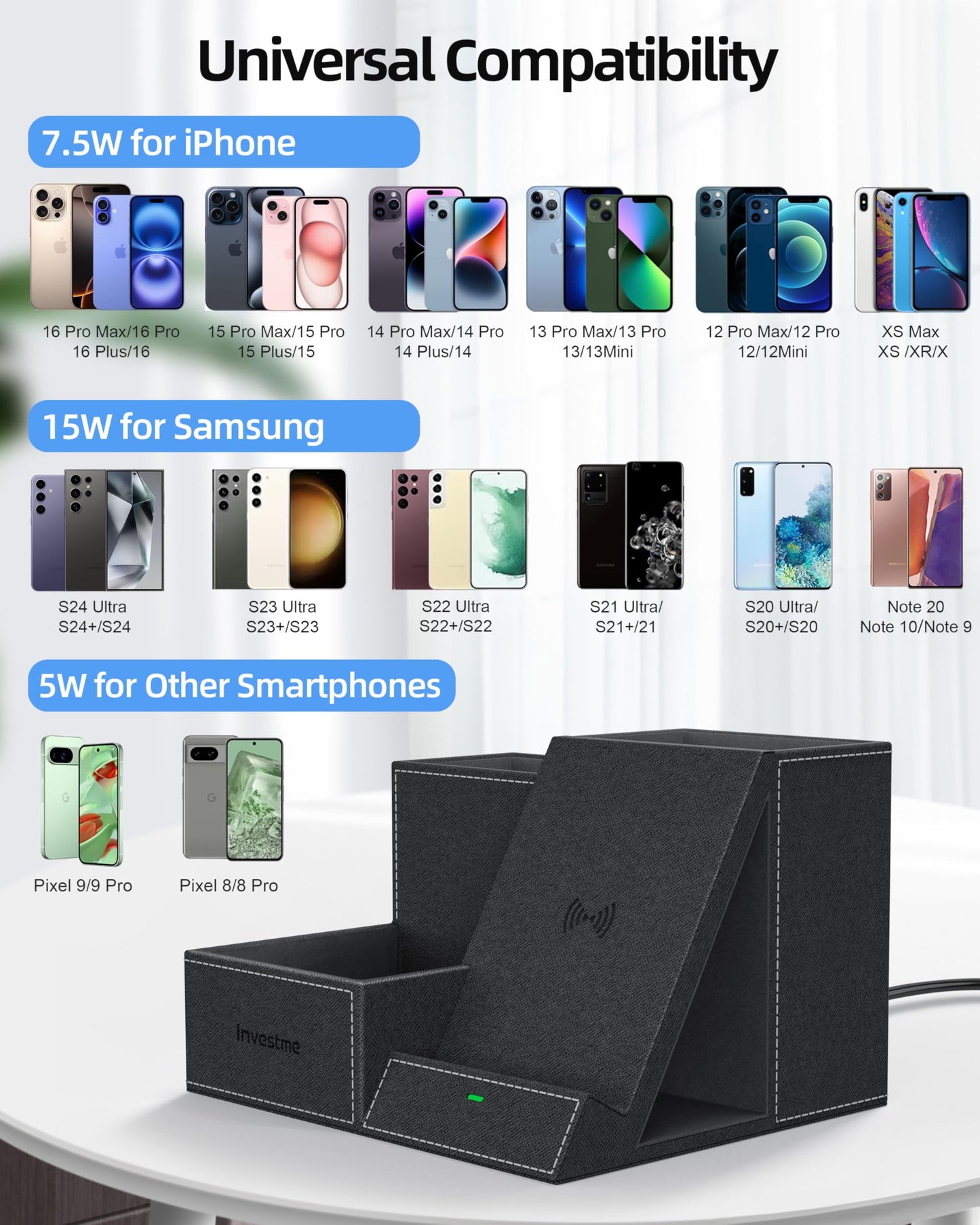 Investme Wireless Charger with Desk Organizer, Pen Pencil Holder, Multifunctional Desktop Organizer, Office Supplies and Desk Accessories Organizer with 3 Compartments and 1 Phone Stand