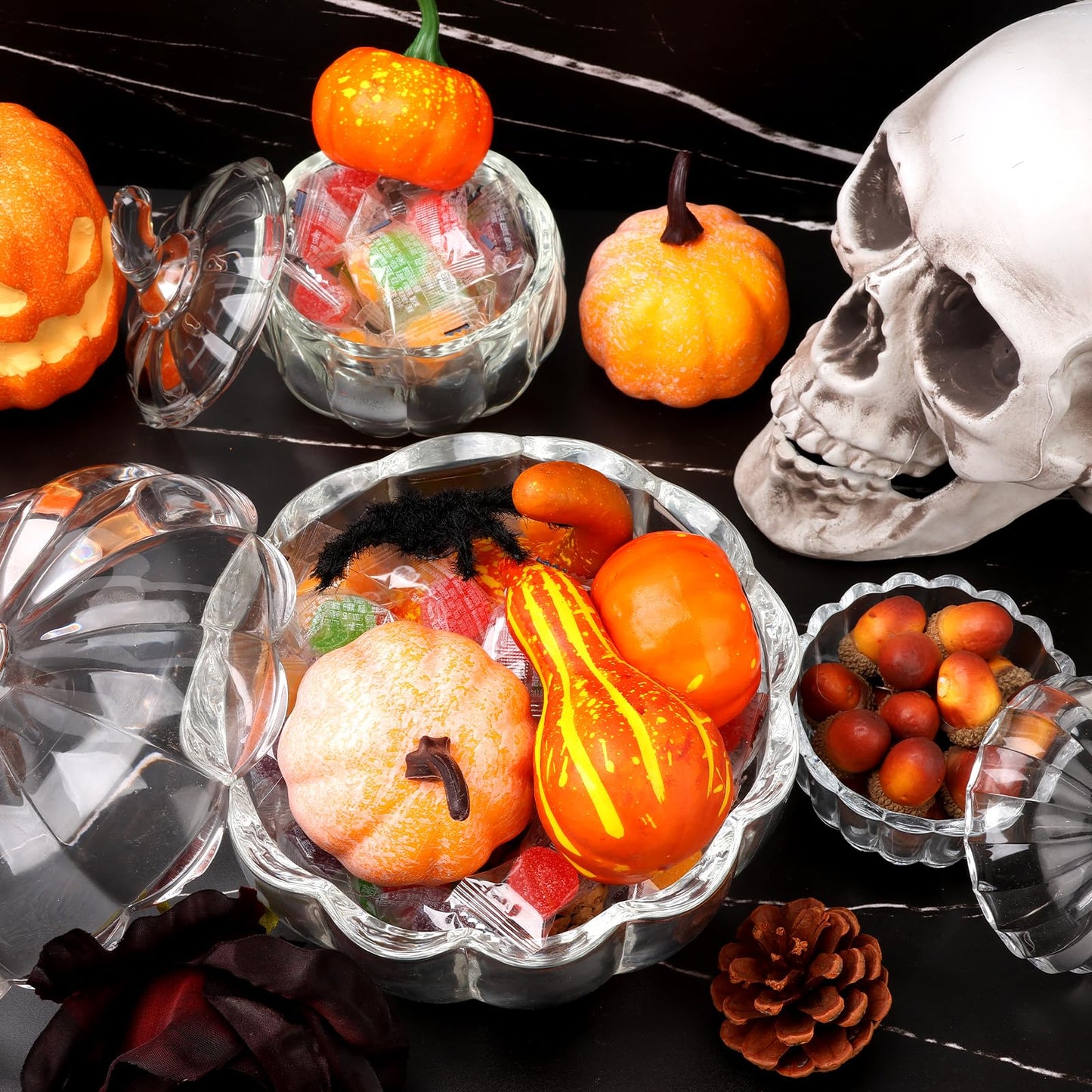 3 Pcs Halloween Pumpkin Candy Jar with Lids Glass Candy Bowl Cute Clear Cookie Storage Jar Crystal Candy Dish Office Desk Decorative Jars for Halloween Party Decoration Home Holiday Supplies Gift